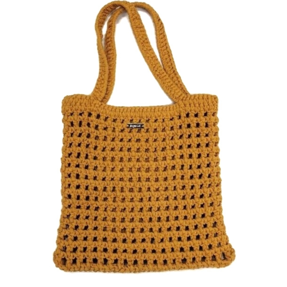 🧵Anthropologie x BINGE Knitted Beach Tote Bag Handcrafted Color Mango 14" x 14"